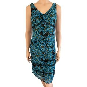 Vintage Blue Floral Mesh Y2K USA Dress Sz L Black Lace Trim Bonkers Clothing Co